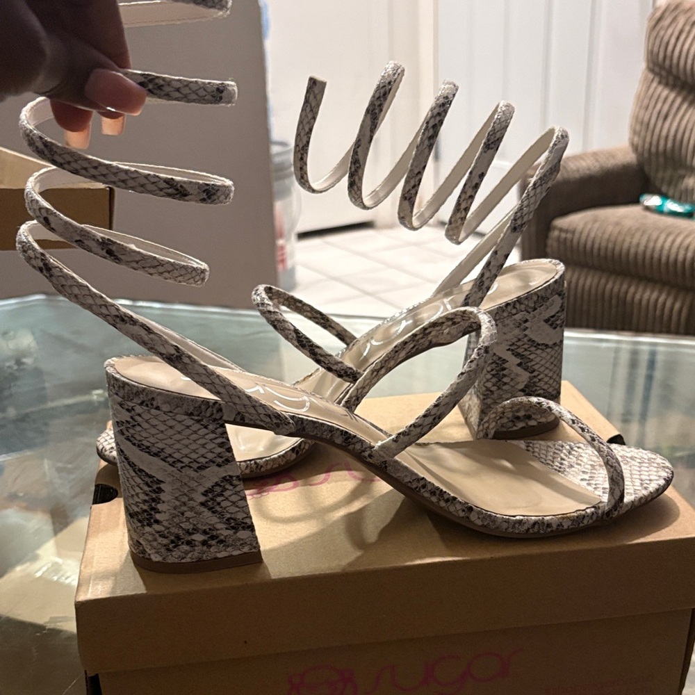 Sugar Snakeskin Spiral Strap Heels